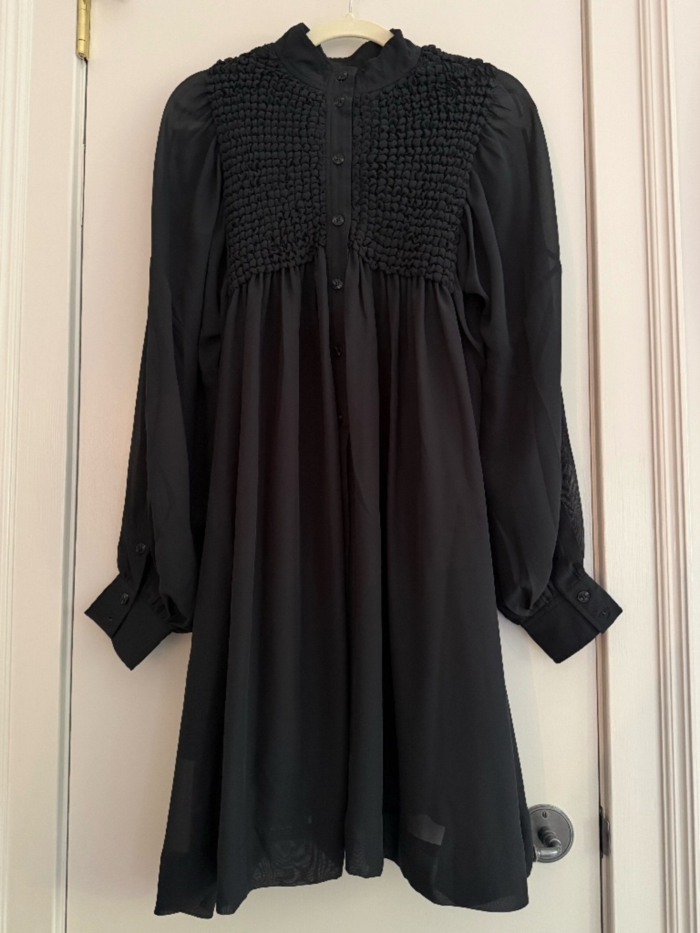 GANNI Phantom Black Smocked Chiffon Mini Dress Size 38 NWT
